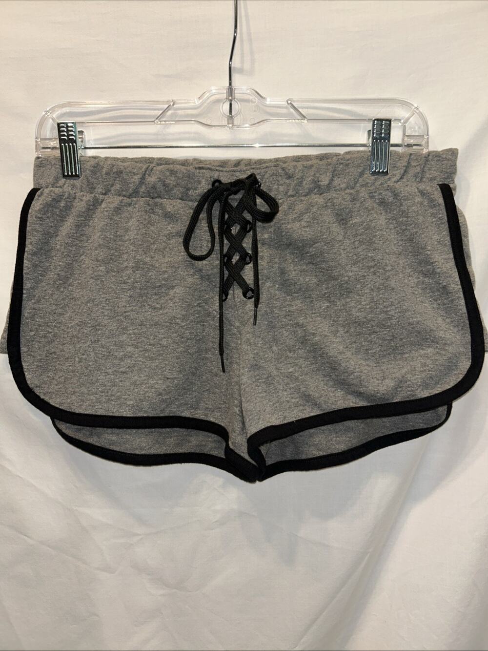 Bebe Sleepwear LOGO Shorts Sz Med Gray Black Lace Up Drawstring Terrycloth Booty